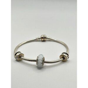 Pandora 925 Sterling Silver Charm Bracelet With Blue & White Glass